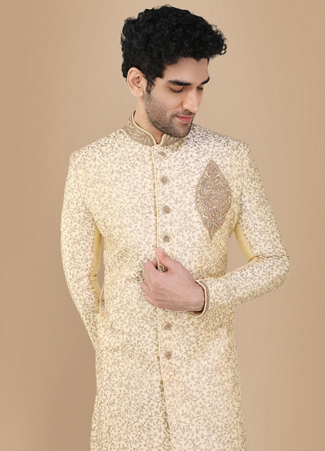 alt message - Manyavar Men Glam Biscuit Shade Sherwani Suit image number 0